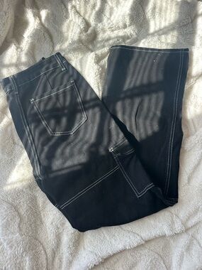 Black Tall Wide-Leg Cargo Pants with White Stitching